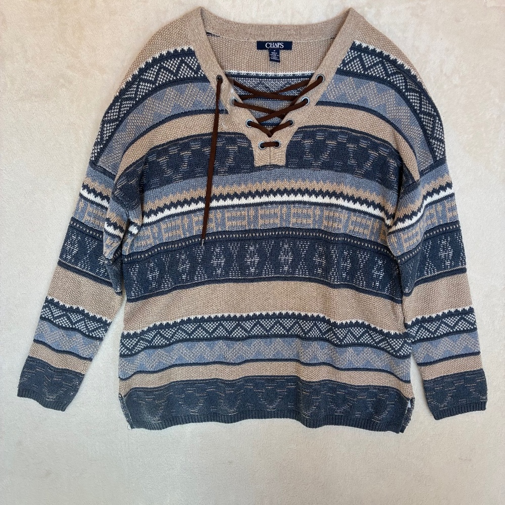 Vintage 1970's Boho Aztec Knit Sweater V Neck Lace Up Size Medium